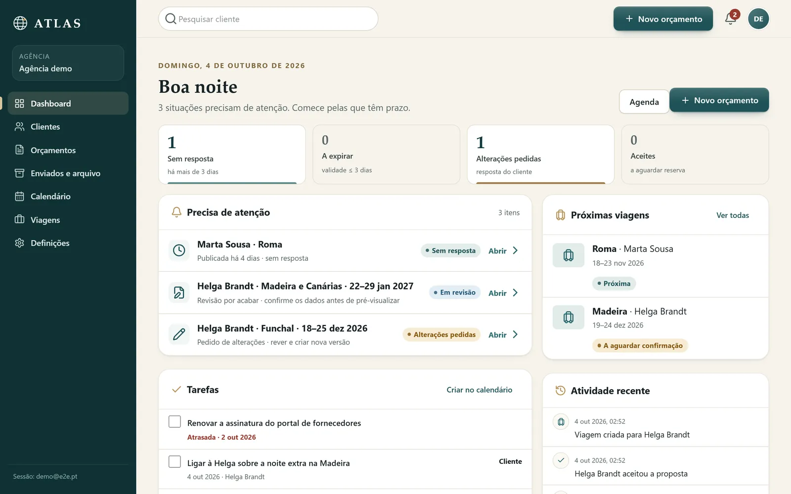 Painel do Atlas: o que precisa de atenção, próximas viagens e atividade recente