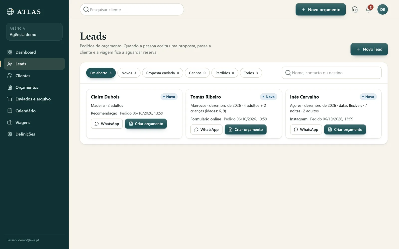 Lista de leads: pedidos de orçamento com destino, datas, fonte e ações