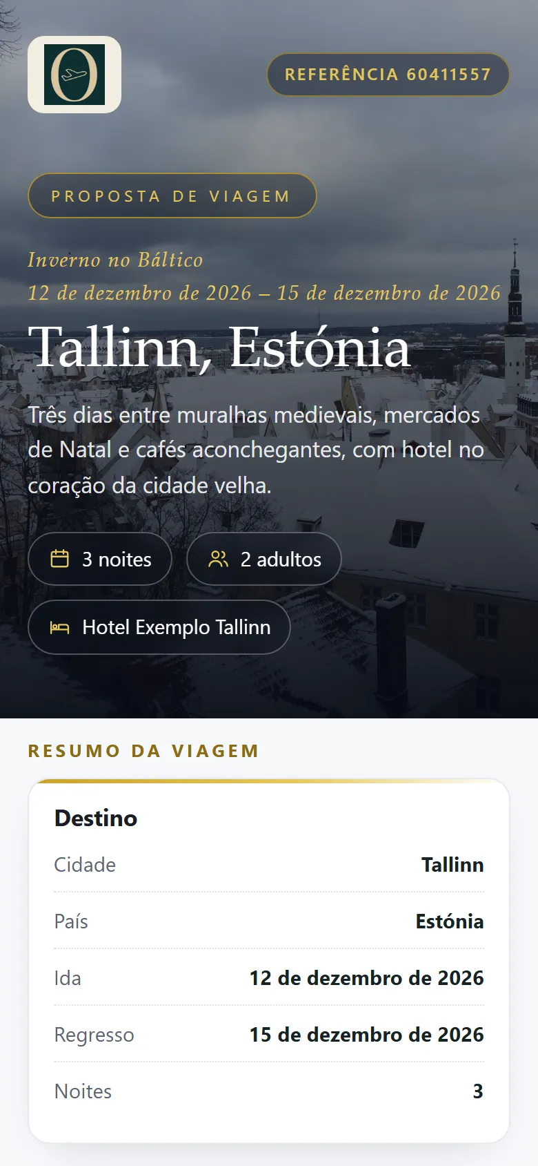 Proposta de viagem para Tallinn, aberta no telemóvel da cliente