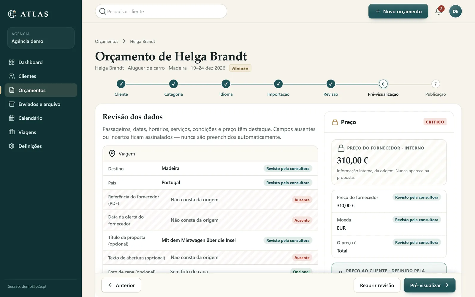 Ecrã de revisão: dados da viagem com estado de cada campo e o preço do fornecedor guardado como informação interna