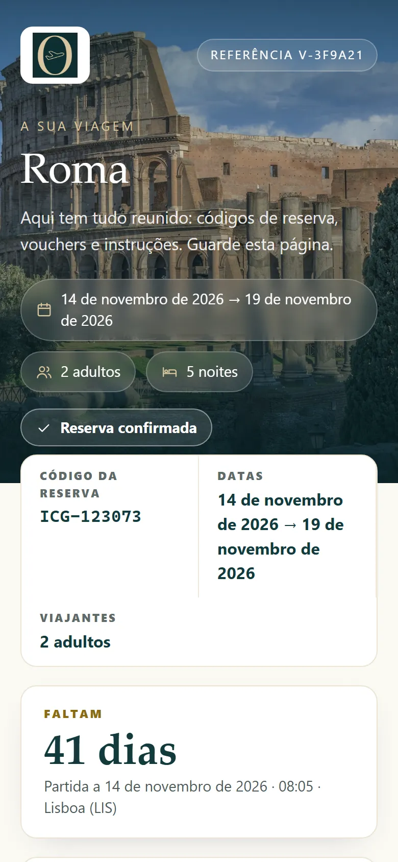 Página da viagem para Roma: reserva confirmada, código da reserva e contagem decrescente